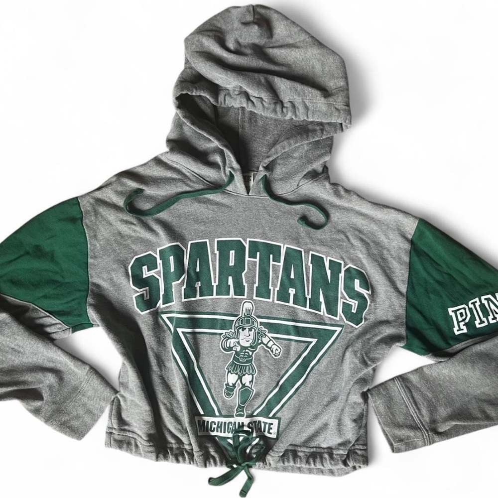 PINK Victoria's Secret Gray and Green MSU Spartans Drawstring Cropped Hoodie.